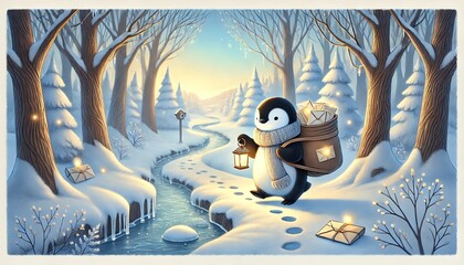 A charming and whimsical illustration of a small penguin mail carrier traveling through a serene, snow-melting forest in early spring, delivering enchanted letters with a glowing lantern