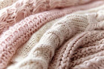 Cozy collection of knitted sweaters in soft pastel colors displayed in a warm indoor setting