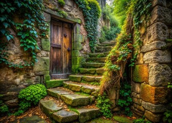 A weathered door, nestled in aged walls, invites the eye up worn steps toward a scenic vista.