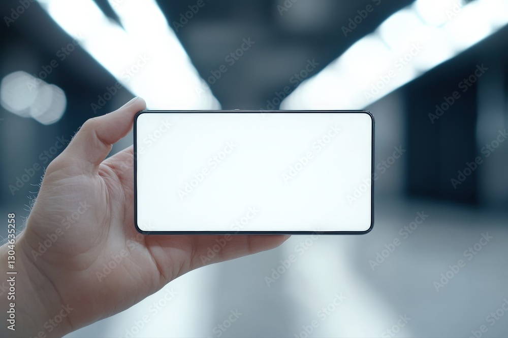 Poster horizontal smartphone held in hand displaying blank screen for app or website mockup