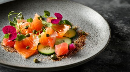Contemporary gastronomy plate presenting house-cured salmon petals, compressed cucumber ribbons, scattered nasturtium petals in varying colors, shaved watermelon radish, fermented caper berries,