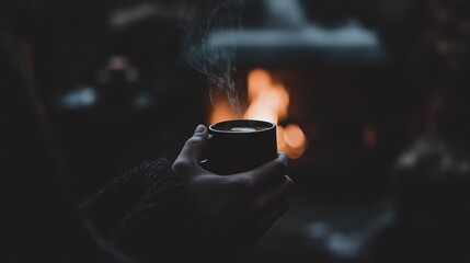 Fototapeta premium Warmth and Comfort: A steaming mug near a cozy fireplace on a cold evening
