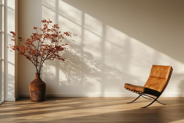 Relaxing interior with a vintage chair and a vase of dried flowers in natural light