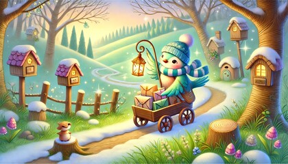 A charming storybook scene of a tiny bird mail carrier in a sunlit forest, delivering magical letters along a dirt path with melting snow and glowing lanterns, surrounded by whimsical woodland homes