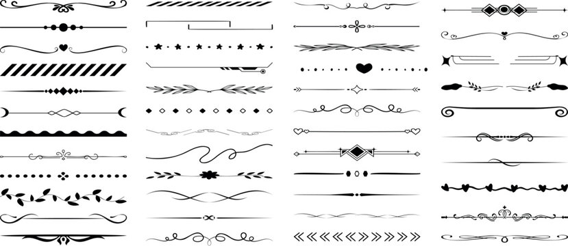 Decorative dividers, elegant line art, ornamental borders, vintage separators, floral accents, whimsical designs, creative embellishments, graphic elements, black vector patterns, design resources