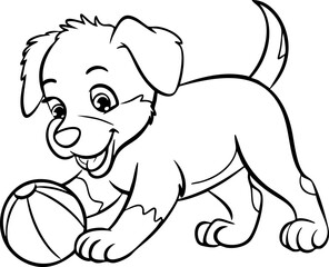 Fototapeta premium Cute vector illustration of a playful puppy with a ball, ideal for coloring pages or children's materials.