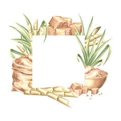 Sugar cane stalks with leaves and brown sugar cubes, sack and bowl. Template postcard, border with copy space. Hand drawn watercolor illustration isolate. Square frame of plantation harvest. Clipart.