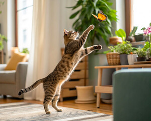 The image depicts a playful cat jumping to catch a butterfly indoors.