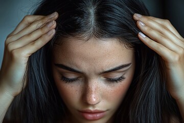 Naklejka premium Young woman experiencing stress in a calm indoor setting during daylight hours