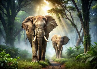 Fototapeta premium Majestic African Elephants in Misty Jungle - Wildlife Stock Photo