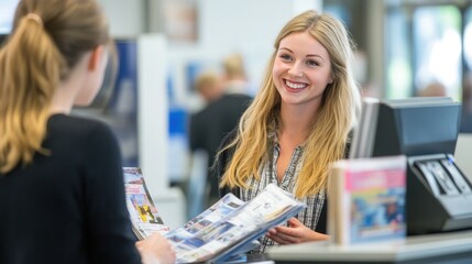 Smiling Travel Agent Assisting Customer with Brochures