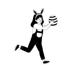 Child wearing bunny ears joyfully running with a decorated Easter egg during spring festivities