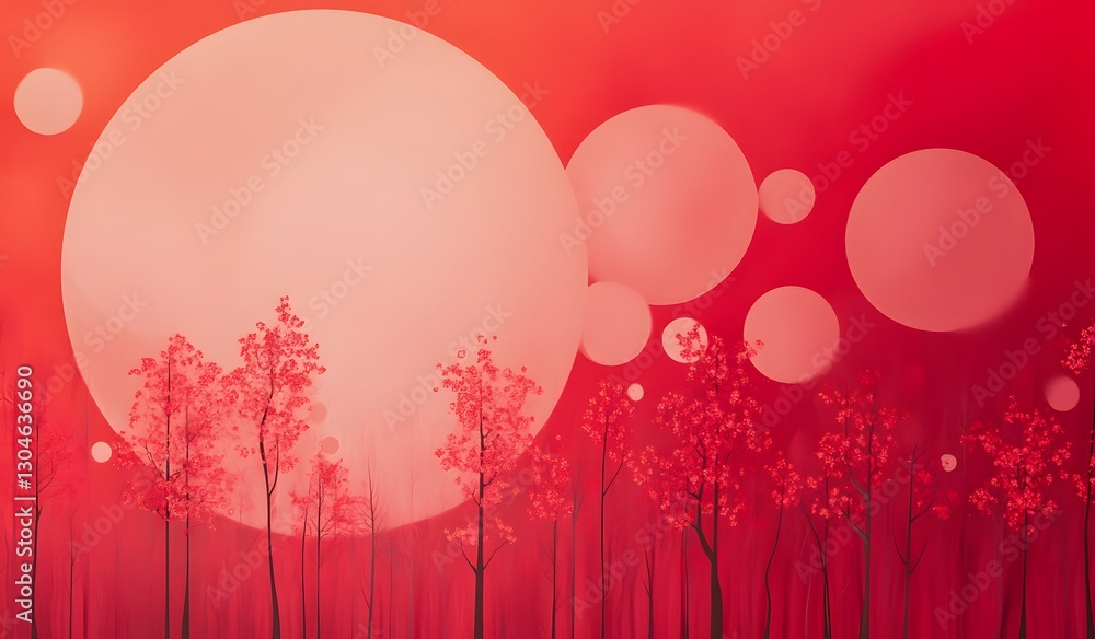 Poster an abstract artistic view of the moon among the trees with a red theme. there are a series of circle