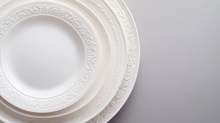 Luxurious set of bone china dinner plates arranged systematically, detailed embossed patterns featuring classical motifs, architectural elements, delicate lace-like borders, pearl white finish,