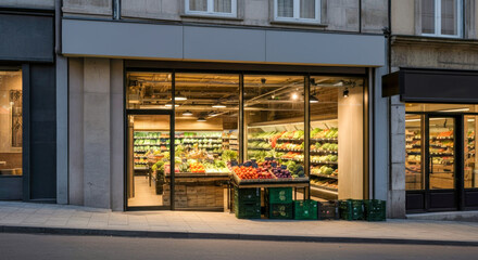 Contemporary grocery storefront showcasing fresh produce in an urban city setting