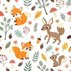 Adorable autumn forest animals seamless pattern design with fox deer squirrel art fun cute kids baby