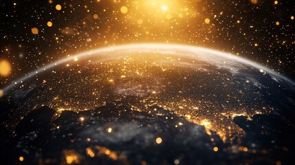 Obraz premium Earth at night, illuminated cities, golden glow, space background.