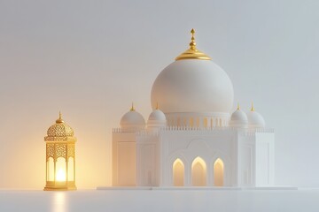 Obraz premium A minimalist setup featuring a glowing lantern and a mosque model on a white background