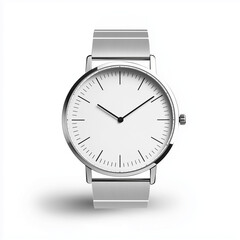 A sleek silver wristwatch with a minimalist dial on white background