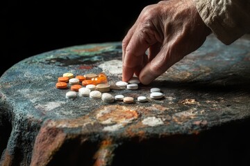 Hand reaching for depression medication on the table . 