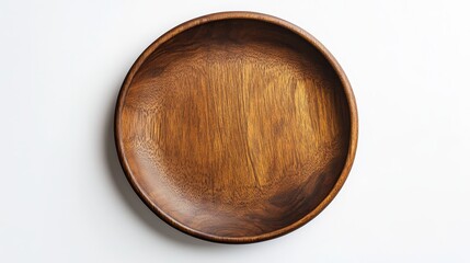 Artisanal wooden dining plate aerial view, rich natural timber grains, smooth sanded surface, subtle raised edge detail, warm earthy brown colors, pristine white background, soft diffused lighting,
