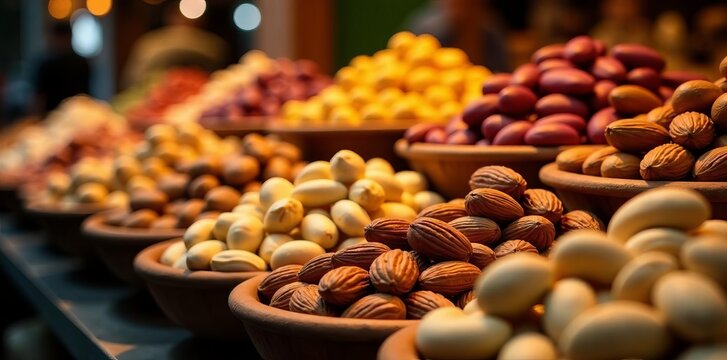 Colorful display of pistachios, almonds, and cashews at souk, pistachios, display