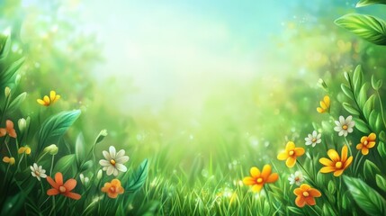 A vibrant colorful meadow is illuminated with natural sunlight