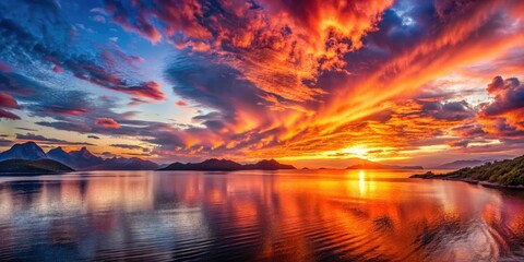 Breathtaking high-resolution panoramic sunset: golden hour light illuminates a dramatic coastal mountain range.