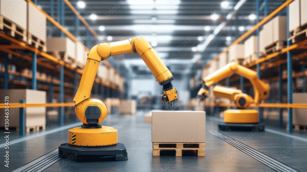 Poster advanced automation in warehouse storage and retrieval systems showcasing robotic arms efficiently h