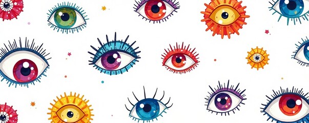 Fototapeta premium Colorful doodle eyes pattern on white background for children's products, hand-drawn, playful
