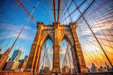 Obraz premium Majestic Brooklyn Bridge Upward View - NYC Skyline Architectural Landmark