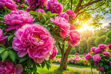 Fototapeta premium Spring Pink Peony Tree Blossom Panoramic Photography - Stunning Floral Landscape