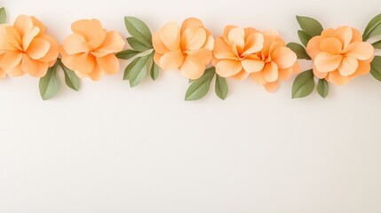 Obraz premium A row of beautiful orange flowers with green leaves against a light background, creating a fresh and vibrant aesthetic.