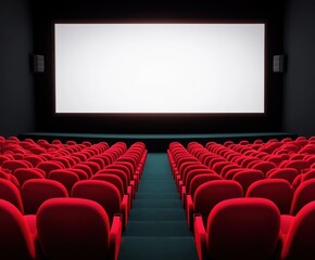 Interior of an empty cinema hall with red seats and a large white screen illuminated in a dark environment at night