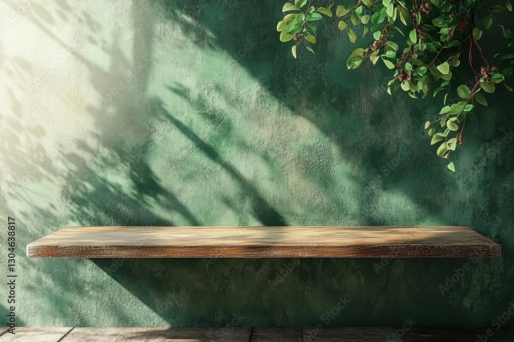 Poster rustic wooden shelf against a textured green wall with dappled sunlight and leafy branch creating a 