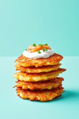 Stack of crispy potato pancakes topped with creamy sauce and her