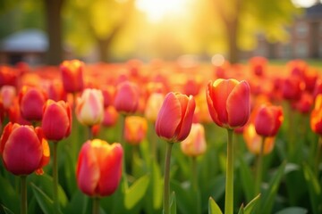 Obraz premium A carpet of colorful tulips basking in the sun , plant, bright, landscape