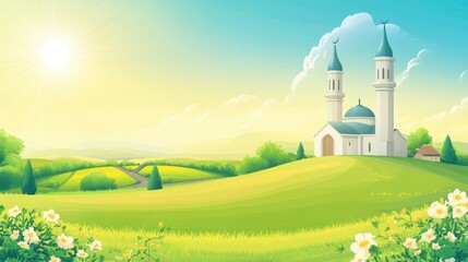 An illustration shows a mosque on a bright sunny landscape