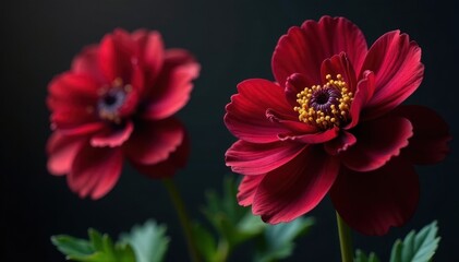 Burgundy anemones & wine-colored dahlias, dramatic lighting, burgundy, anemones
