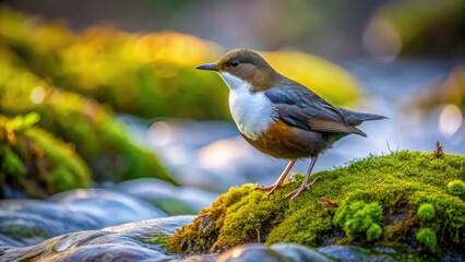 Charming tilt-shift photo of a White-throated Dipper (Cinclus cinclus) in its natural habitat.