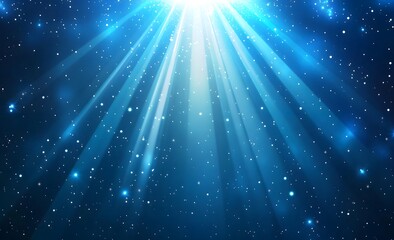 Fototapeta premium A bright light illuminates a dark blue background. The scene is filled with light beams and sparkles.