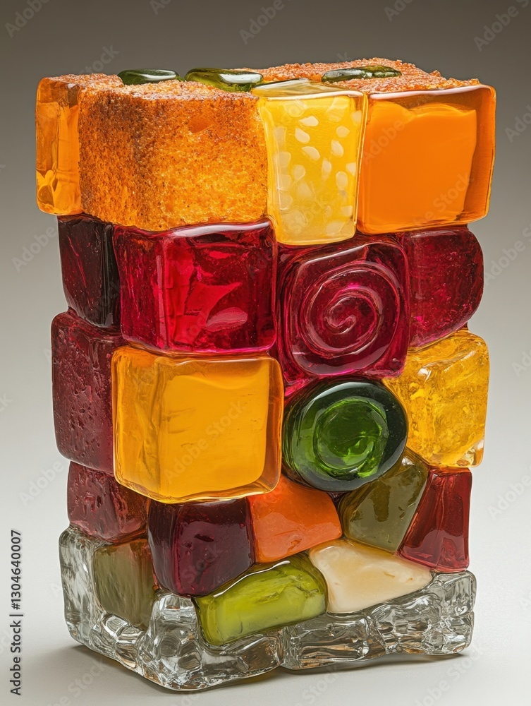 Poster colorful glass cubes stacked in abstract tower formation with artistic design and translucent textur