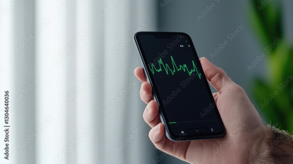 Poster financial benefits budget optimization concept. smartphone displaying a waveform on a screen in a mo