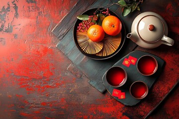 The setup for Chinese New Year includes classic decorations, a plate of oranges, and a white teapot on a red background, presented in a flat lay and viewed from above