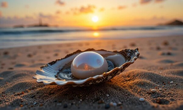 Beautiful pearl inside an open seashell on a sandy beach at sunset, concept of luxury and nature&rsquo;s beauty