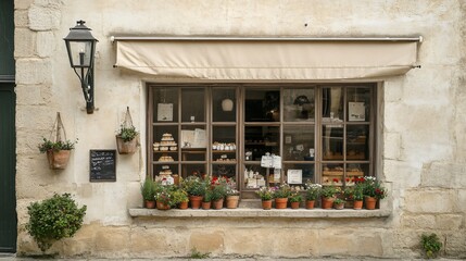 Charming French Bakery Shopfront with Flower Boxes and Awning
