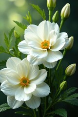 Crisp white floral arrangement, lush greenery accents, photography, backdrop