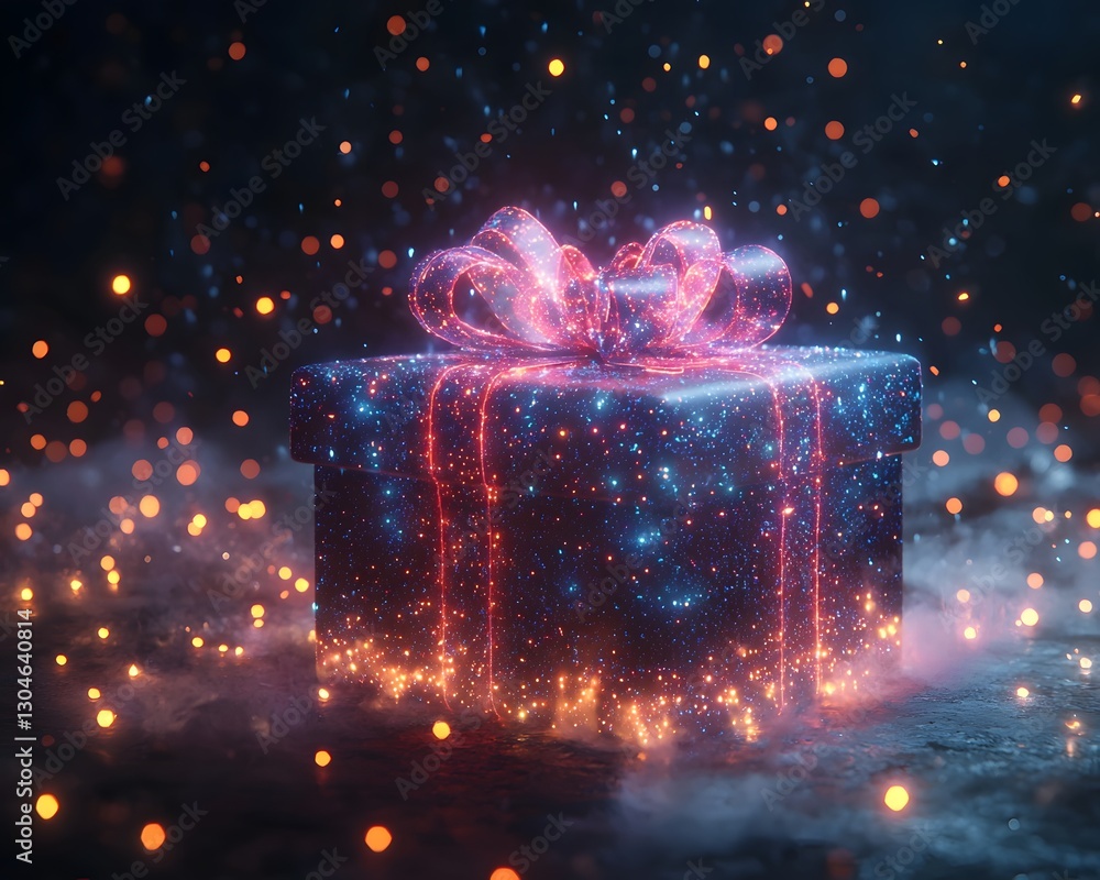 Poster mesmerizing futuristic glowing gift box with pulsating holographic wrapping in sci fi style