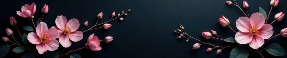 Fototapeta premium Delicate charcoal floral wallpaper, tiny blossoms on dark background , elegant, botanical, plant