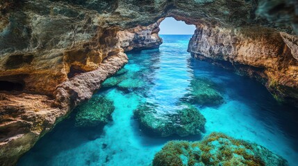 Okinawa hidden underwater beauty, showcasing anemone-filled reefs, exotic marine life, and divers exploring breathtaking underwater caves